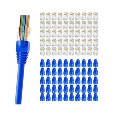 CableGeeker 100-Pack Pass-Through RJ45 Connector with Blue Strain Relief Boot... picture