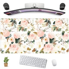 31.5x15.7 Inch Pink Floral Green Leaves XL Large Mouse Pad Gaming Desk Mat picture