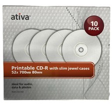 Ativa Printable CD-R With Slim Jewel Cases 52 X 700mb 80 Min 10 Pack -NEW SEALED picture