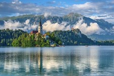 Landscape lake island church slovenia clouds water Custom Gaming Mat Desk picture