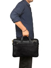 Black Leather Briefcase, 15 Inch Slim Laptop Bag, Business Office Work bag picture