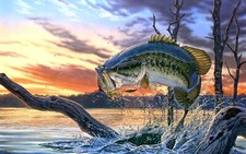 Landscape nature painting trees clouds fish water river Custom Gaming Mat Desk picture
