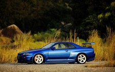 Cars sunset nissan skyline blue r34 midnight Desk Mat Stitched picture