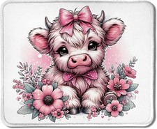 Coquette Pink Bow Floral Highland Cow Mouse Pad, Cute Western Baby Highland Cow picture