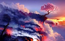 Landscape sunset fantasy art lava trees nature Custom Gaming Mat Desk picture