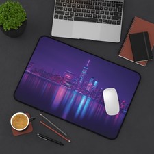 Neon City Skyline Desk Mat | Vaporwave Nightscape, Reflective Urban Lights picture