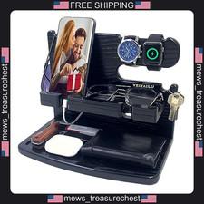 Wood Phone Docking Station for Men Multi-Function Nightstand Organizer picture
