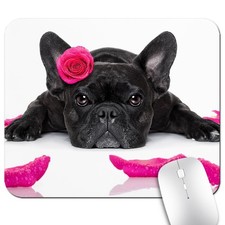 Cute Black French Bulldog with Pink Rose Mouse Pad, Funny Scene Desk Mat picture
