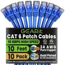 GearIT Cat6 Ethernet Patch Cables 10ft 10-Pack RJ45 Snagless Blue 10Gbps picture