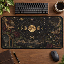 Celestial Moon Phase Desk Mat, Gothic Moth Mouse Pad, Witchy Floral Decor picture