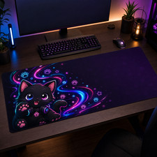 Cute Neon Black Cat Desk Mat Kawaii Gaming Mouse Pad 36x18 picture