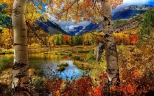 Landscape nature fall trees mountains pond birch Custom Gaming Mat Desk picture