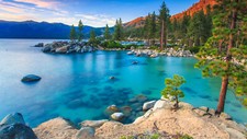Landscape nature far view water rocks mountains clouds Custom Gaming Mat Desk picture