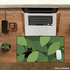 Cute Cat Mousepad | Black Kitten in Green Leaves Botanical Theme Large Desk Mat picture