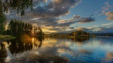 Landscape lake sunset hills trees nature sunlight sky Custom Gaming Mat Desk picture